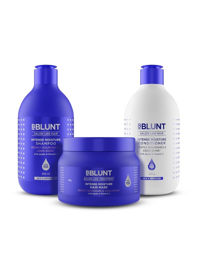 Bblunt Intense Moisture Hair Combo | Shampoo + Conditioner + Hair Mask | Moisturizes & Hydrates | Deeply Nourishes | Adds Salon-Like Shine | For Men & Women | 300 ml + 250 g + 250 g - Image 1